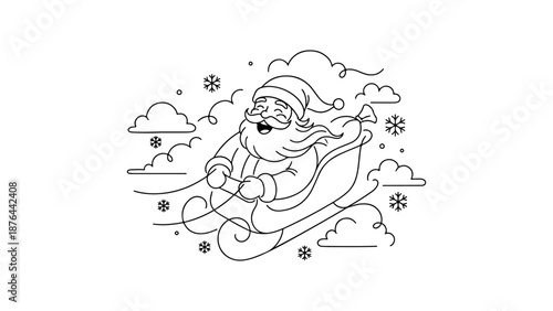 Santa claus having fun on his sled flying in the snowy sky with the clouds line art vector illustration on white background