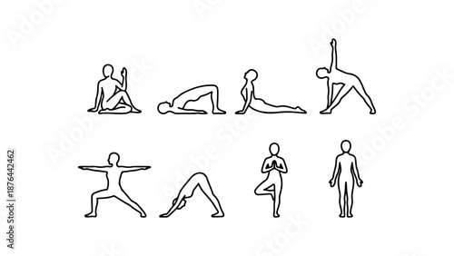 silhouettes of a human in different yoga poses simple line art vector illustrations