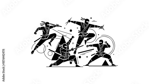 black and white shape illustrations of ninjas in different poses fighting with each other, ninja's fight scene vector illustration
