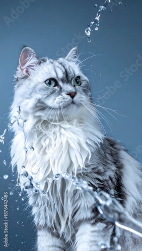 Dramatic Water Splash Cat Portrait on Black Background