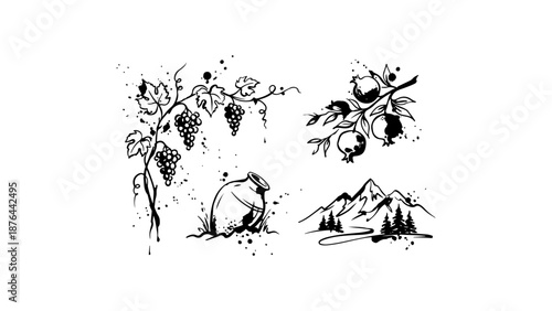 vector illustration of traditional Georgian shapes mountains, clay wine pitcher, grapes and pomegranate with its leafs
