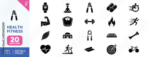 Health and fitness icons set for wellness and exercise