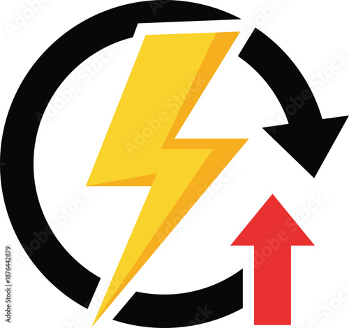 Yellow lightning bolt inside black circular arrows with red upward arrow red arrow