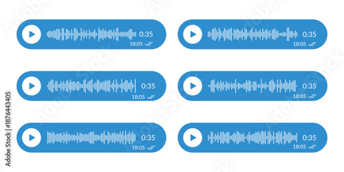 Collection of colorful Voice Message icon. Record voice note messages players with waveforms, playback controls and durations audio icon set for smartphone chat app, podcast interfaces Vector design