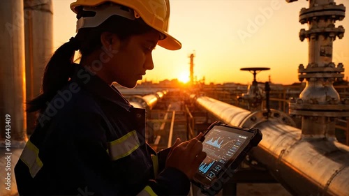 Engineer using tablet to monitor oil pipeline infrastructure at industrial refinery during sunset