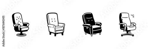 Recliner And Office Chair Icons In Hand Drawn Style Set. Comfort, Relaxation, Ergonomic Seating Doodle Sketch Collection. Furniture Design Elements. Isolated Vector Illustration