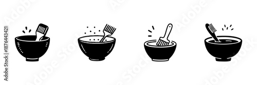 Hair Dye Bowl And Brush Icons In Hand Drawn Style Set. Hair Coloring, Salon Tools, Beauty Treatment Doodle Sketch Collection. Haircare Equipment. Isolated Vector Illustration