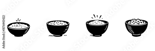 Bowls Of Rice In Hand Drawn Style Set. Culinary Ingredients, Asian Cuisine, Food Preparation Doodle Sketch Collection. Isolated Vector Illustration