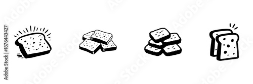 Slices Of Bread In Hand Drawn Style Set. Bakery, Breakfast, Toast Doodle Sketch Collection. Food Illustration. Isolated Vector Illustration