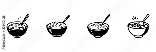 Bowls Of Cereal With Spoons In Hand Drawn Style Set. Breakfast, Nutrition, Healthy Eating Doodle Sketch Collection. Morning Meal Variety. Isolated Vector Illustration