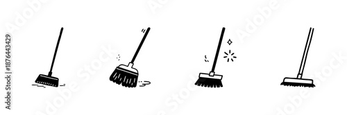 Broom Cleaning Process In Hand Drawn Style Set. Household Chores, Floor Sweeping, Dust Removal Doodle Sketch Collection. Home Maintenance Tools. Isolated Vector Illustration