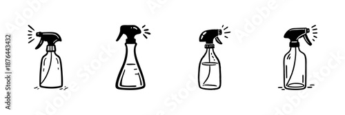 Spray Bottles In Hand Drawn Style Set. Cleaning, Disinfecting, And Household Maintenance Doodle Sketch Collection. Hygiene And Sanitation Tools. Isolated Vector Illustration