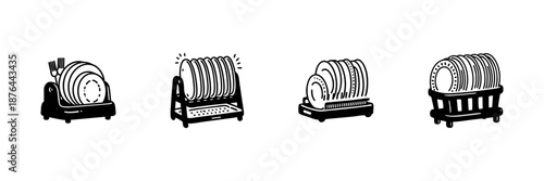 Dish Rack Variations In Hand Drawn Style Set. Kitchen Organization, Drying Solutions, Space-Saving Doodle Sketch Collection. Household Essentials. Isolated Vector Illustration