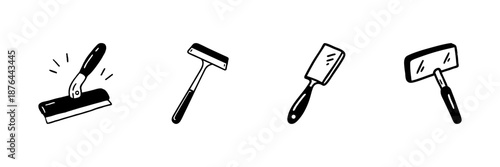 Hand Tools For Screen Printing In Hand Drawn Style Set. Squeegee, Roller, And Scraper Doodle Sketch Collection. Art And Craft Supplies. Isolated Vector Illustration