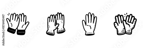 Clapping Hands And Gloves In Hand Drawn Style Set. Applause, Celebration, And Teamwork Doodle Sketch Collection. Expressive Gesture Icons. Isolated Vector Illustration