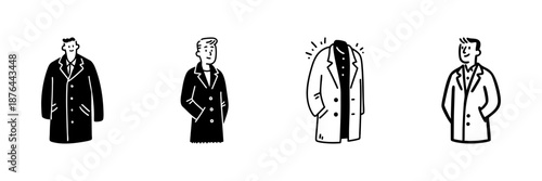 Men'S Overcoats In Hand Drawn Style Set. Fashionable Outerwear, Winter Clothing, Stylish Coat Doodle Sketch Collection. Apparel And Style Illustration. Isolated Vector Illustration
