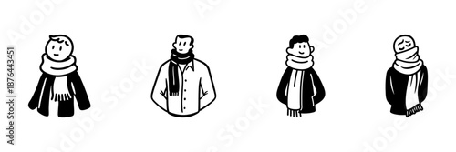 Four Characters Wearing Scarves In Hand Drawn Style Set. Winter Fashion, Warmth, Seasonal Clothing Doodle Sketch Collection. Cozy And Stylish Apparel. Isolated Vector Illustration