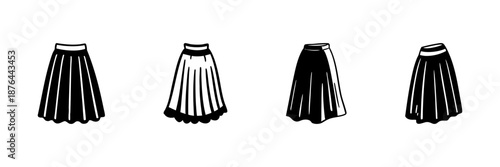 Four Skirt Designs In Hand Drawn Style Set. Fashion Apparel, Clothing Variety, Wardrobe Essentials Doodle Sketch Collection. Stylish Outfit Options. Isolated Vector Illustration