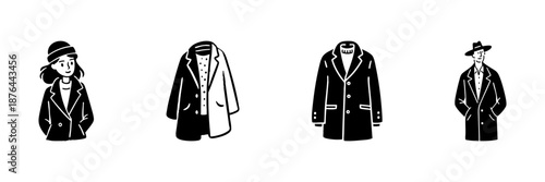 Coat And Fashion Icons In Hand Drawn Style Set. Outerwear, Style, And Seasonal Clothing Doodle Sketch Collection. Winter Apparel And Fashion Accessories. Isolated Vector Illustration