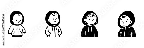 Children In Hoodies In Hand Drawn Style Set. Cute Kids Wearing Hooded Sweatshirts Doodle Sketch Collection. Casual Fashion Illustration. Isolated Vector Illustration