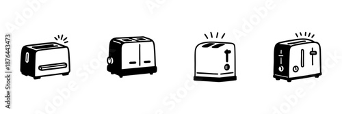 Toaster Icons In Hand Drawn Style Set. Kitchen Appliance, Breakfast Preparation, Toast Making Doodle Sketch Collection. Home Cooking Essentials. Isolated Vector Illustration