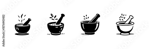 Mortar And Pestle Icons In Hand Drawn Style Set. Herbal Medicine, Culinary Preparation, Traditional Apothecary Doodle Sketch Collection. Natural Remedy Tools. Isolated Vector Illustration