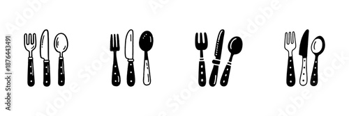 Cutlery Set Icons In Hand Drawn Style Set. Dining Utensils, Fork, Knife, Spoon Doodle Sketch Collection. Kitchenware And Table Setting. Isolated Vector Illustration
