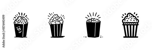 Popcorn Buckets In Hand Drawn Style Set. Movie Snack, Cinema Treat, Entertainment Doodle Sketch Collection. Fun And Whimsical Design. Isolated Vector Illustration