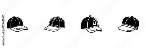 Baseball Cap Collection In Hand Drawn Style Set. Fashion Accessories, Casual Headwear, Sports Cap Doodle Sketch Collection. Stylish Apparel Design. Isolated Vector Illustration