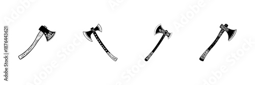 Set Of Decorative Axes In Hand Drawn Style Set. Traditional Weaponry, Historical Tools, Viking Symbolism Doodle Sketch Collection. Rustic Design Elements. Isolated Vector Illustration