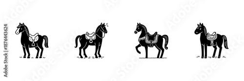 Horses With Saddles In Hand Drawn Style Set. Equestrian Equipment, Riding, Horseback Adventure Doodle Sketch Collection. Animal Illustration. Isolated Vector Illustration