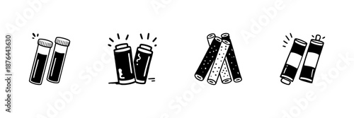 Test Tubes, Batteries, Logs, And Tubes In Hand Drawn Style Set. Science Experimentation, Energy Storage, Construction Materials, And Art Supplies Doodle Sketch Collection. Isolated Vector Illustration