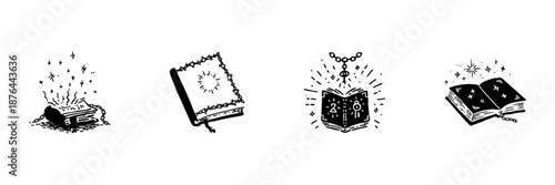 Magical Books With Mystical Symbols In Hand Drawn Style Set. Enchanted Literature, Spellcasting, And Occult Knowledge Doodle Sketch Collection. Fantasy And Magic Theme. Isolated Vector Illustration
