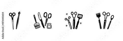 Hairdressing Tools In Hand Drawn Style Set. Scissors, Brushes, And Razors For Hair Styling And Grooming Doodle Sketch Collection. Barber And Salon Equipment. Isolated Vector Illustration
