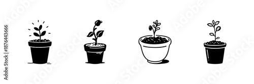Potted Plant Growth Stages In Hand Drawn Style Set. Botanical Development, Gardening, And Nature Doodle Sketch Collection. Plant Care Illustration. Isolated Vector Illustration