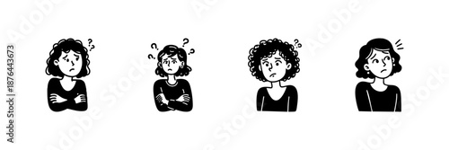 Confused And Anxious Female Expressions In Hand Drawn Style Set. Emotional Reactions, Uncertainty, Stress Doodle Sketch Collection. Facial Expressions And Body Language. Isolated Vector Illustration