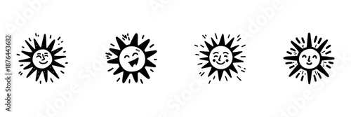 Smiling Sun Faces In Hand Drawn Style Set. Cheerful Expressions, Positive Energy, Happiness Doodle Sketch Collection. Playful And Whimsical Design. Isolated Vector Illustration