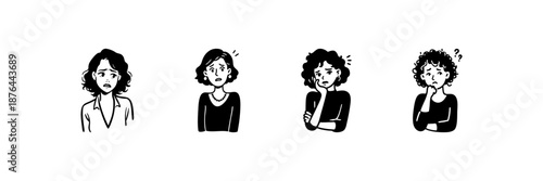 Women Expressing Different Emotions In Hand Drawn Style Set. Anxiety, Confusion, And Contemplation Doodle Sketch Collection. Emotional Expression And Mood Illustration. Isolated Vector Illustration