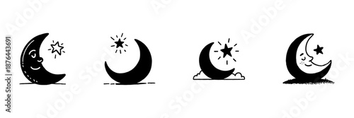 Crescent Moon And Star Icons In Hand Drawn Style Set. Nighttime, Dreaming, Celestial Themes Doodle Sketch Collection. Whimsical And Playful Design. Isolated Vector Illustration