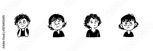 Four Child Faces Expressing Different Emotions In Hand Drawn Style Set. Emotional Expression, Mood Variations, Child Psychology Doodle Sketch Collection. Isolated Vector Illustration