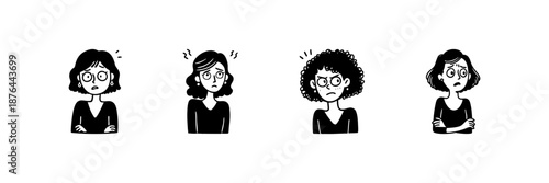 Four Female Characters Displaying Anxiety And Stress In Hand Drawn Style Set. Emotional Expression, Mental Health Awareness, Stress Management Doodle Sketch Collection. Isolated Vector Illustration