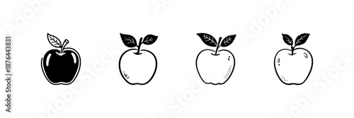 Apple Icons In Hand Drawn Style Set. Healthy Eating, Nutrition, Fresh Fruit Doodle Sketch Collection. Organic Food Illustration. Isolated Vector Illustration