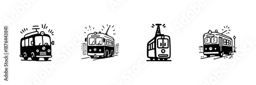 Vintage Tram And Trolleybus Icons In Hand Drawn Style Set. Urban Public Transportation, City Commuting, Retro Transit Doodle Sketch Collection. Isolated Vector Illustration