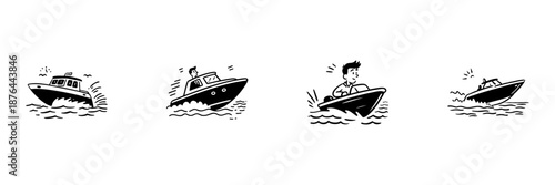 Speedboat Adventure In Hand Drawn Style Set. Nautical Exploration, Watercraft Navigation, Leisure Boating Doodle Sketch Collection. Marine Recreation. Isolated Vector Illustration