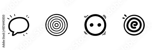 Speech Bubble, Concentric Circles, Face, And Spiral Icons In Hand Drawn Style Set. Communication, Focus, Emotion, And Creativity Doodle Sketch Collection. Isolated Vector Illustration