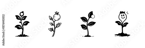 Young Plant Growth Stages In Hand Drawn Style Set. Botanical Development, Nature'S Life Cycle, And Gardening Doodle Sketch Collection. Isolated Vector Illustration