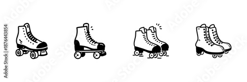 Roller Skates In Hand Drawn Style Set. Retro Skating, Outdoor Activity, Fun Recreation Doodle Sketch Collection. Vintage Sports Equipment. Isolated Vector Illustration