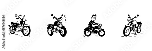 Motorcycle And Rider Illustrations In Hand Drawn Style Set. Vintage Motorbike, Riding Experience, And Adventure Doodle Sketch Collection. Classic Transportation. Isolated Vector Illustration