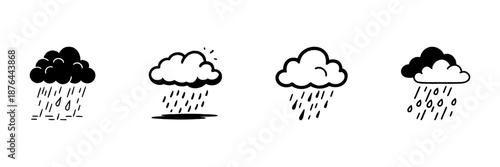 Clouds With Rain In Hand Drawn Style Set. Weather Forecast, Rainy Season, Climate Change Doodle Sketch Collection. Meteorological Symbols. Isolated Vector Illustration