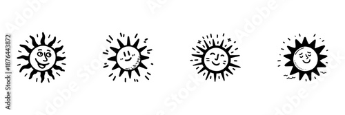 Expressive Sun Faces In Hand Drawn Style Set. Cheerful And Playful Sun Character Doodle Sketch Collection. Whimsical And Fun Illustrations. Isolated Vector Illustration